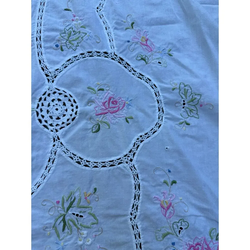 Vintage Hand Embroidered Tablecloth White floral pink blue beautiful cut out